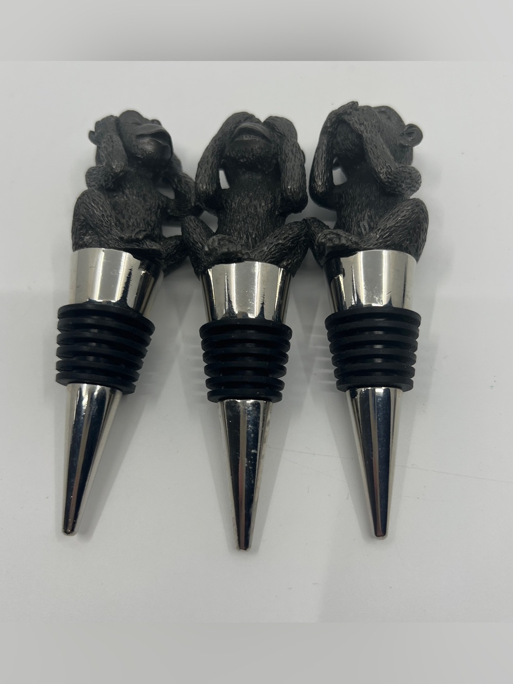 “Hear No Evil, See No Evil, Speak No Evil" monkey wine bottle stoppers liquor